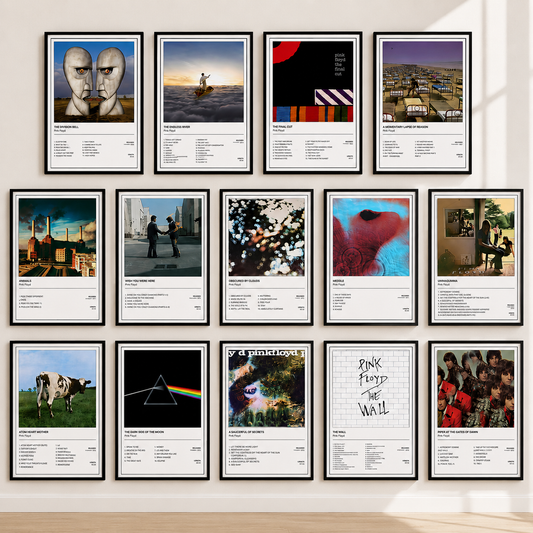 Pink Floyd album print collection featuring iconic studio album artwork including The Wall, Wish You Were Here, Animals and The Dark Side of the Moon music wall art.