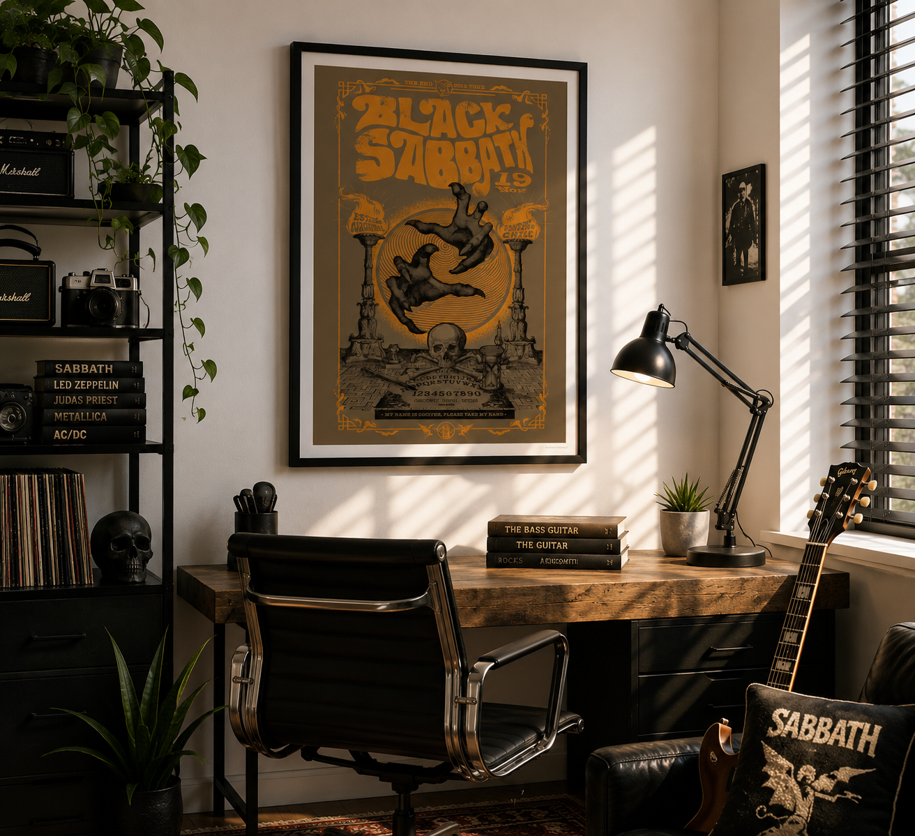 Black Sabbath heavy metal wall art displayed in a stylish industrial home office with music-themed décor.