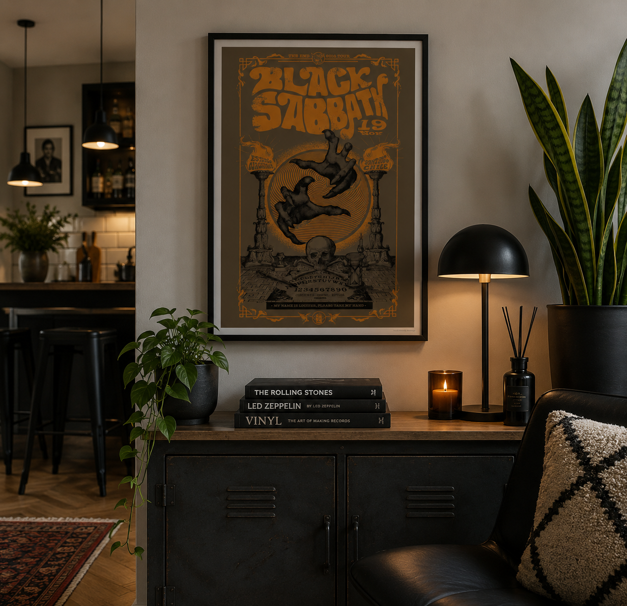 Vintage Black Sabbath rock band poster with occult-inspired artwork, perfect for music rooms, home bars and alternative interiors.