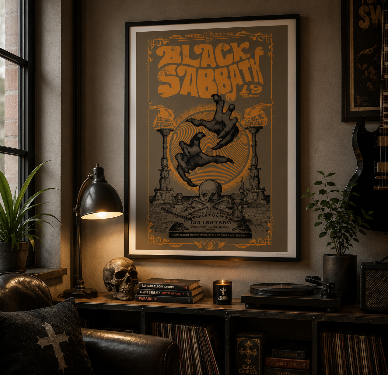 Framed Black Sabbath wall art print displayed in a modern music room, featuring vintage heavy metal artwork inspired by classic rock concert posters.