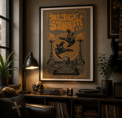 Framed Black Sabbath wall art print displayed in a modern music room, featuring vintage heavy metal artwork inspired by classic rock concert posters.