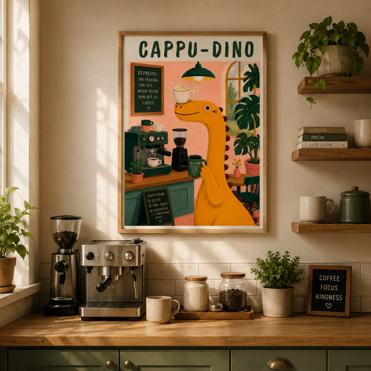 Funny coffee-loving dinosaur wall art featuring cappuccino themed kitchen décor