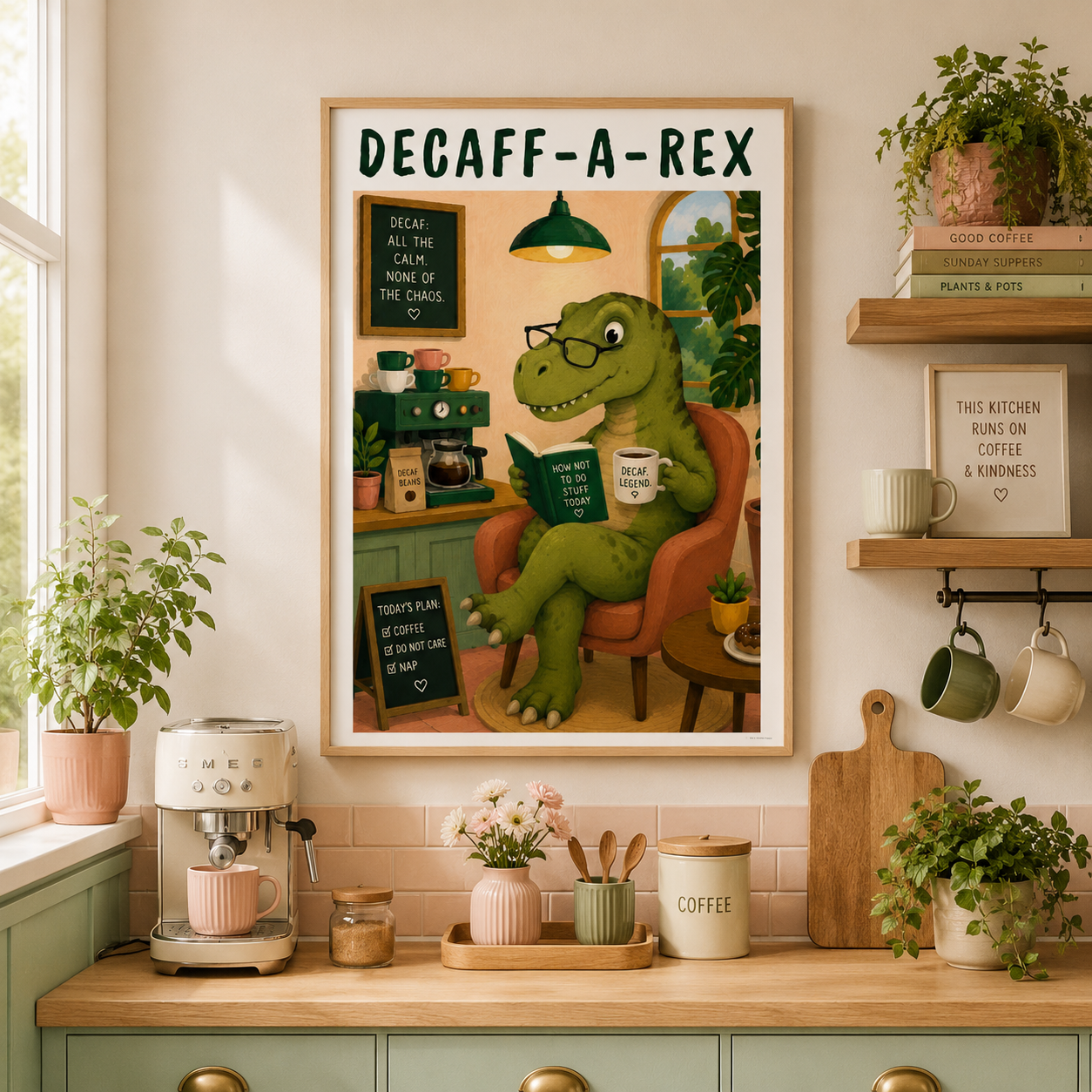 Funny decaf coffee dinosaur wall art in light oak frame for kitchen décor