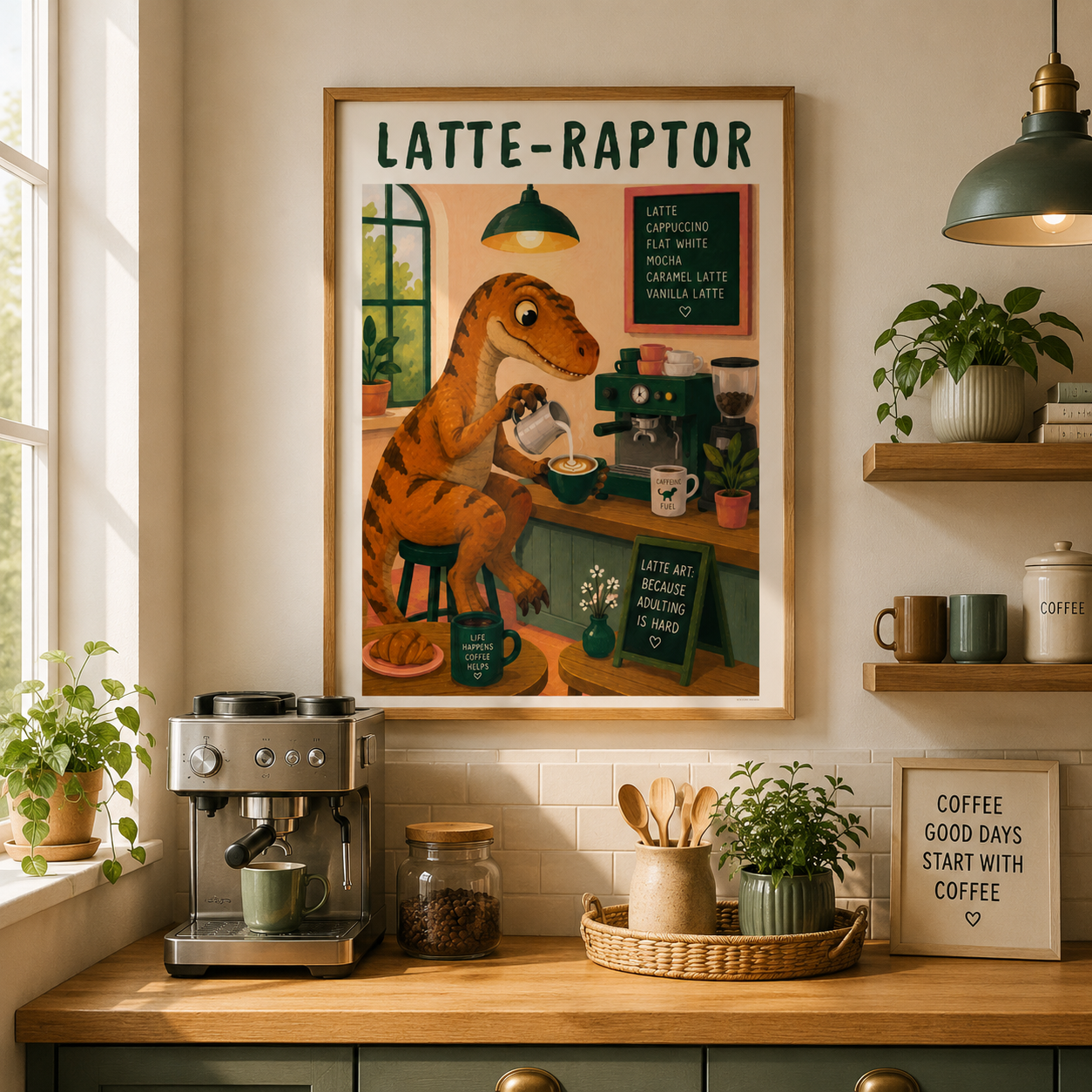 Funny latte art dinosaur wall art in light oak frame for kitchen décor
