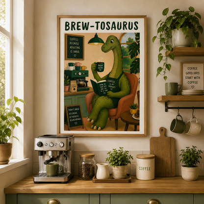 Funny dinosaur coffee wall art in light oak frame for modern kitchen décor
