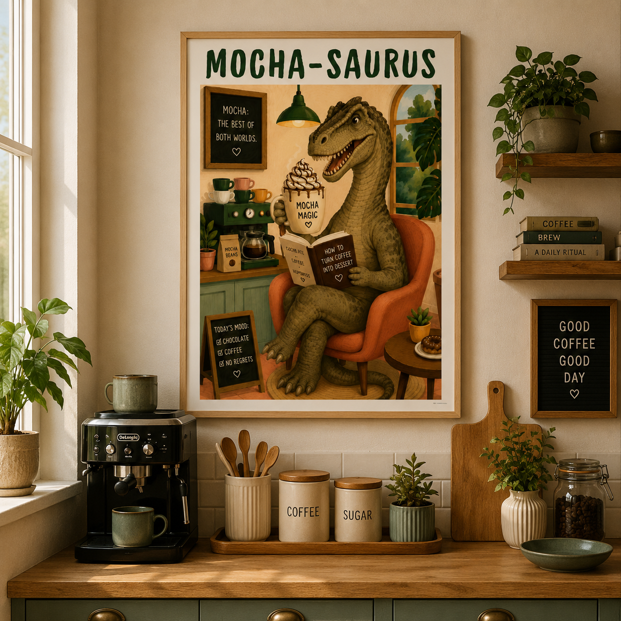 Funny mocha-themed dinosaur wall art in light oak frame for kitchen décor