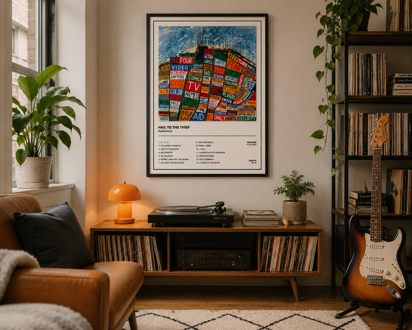 Premium Radiohead Hail To The Thief music print styled in a modern home office with minimalist décor.