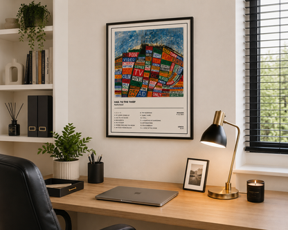 Framed Radiohead Hail To The Thief album cover wall art displayed above a modern home office desk.