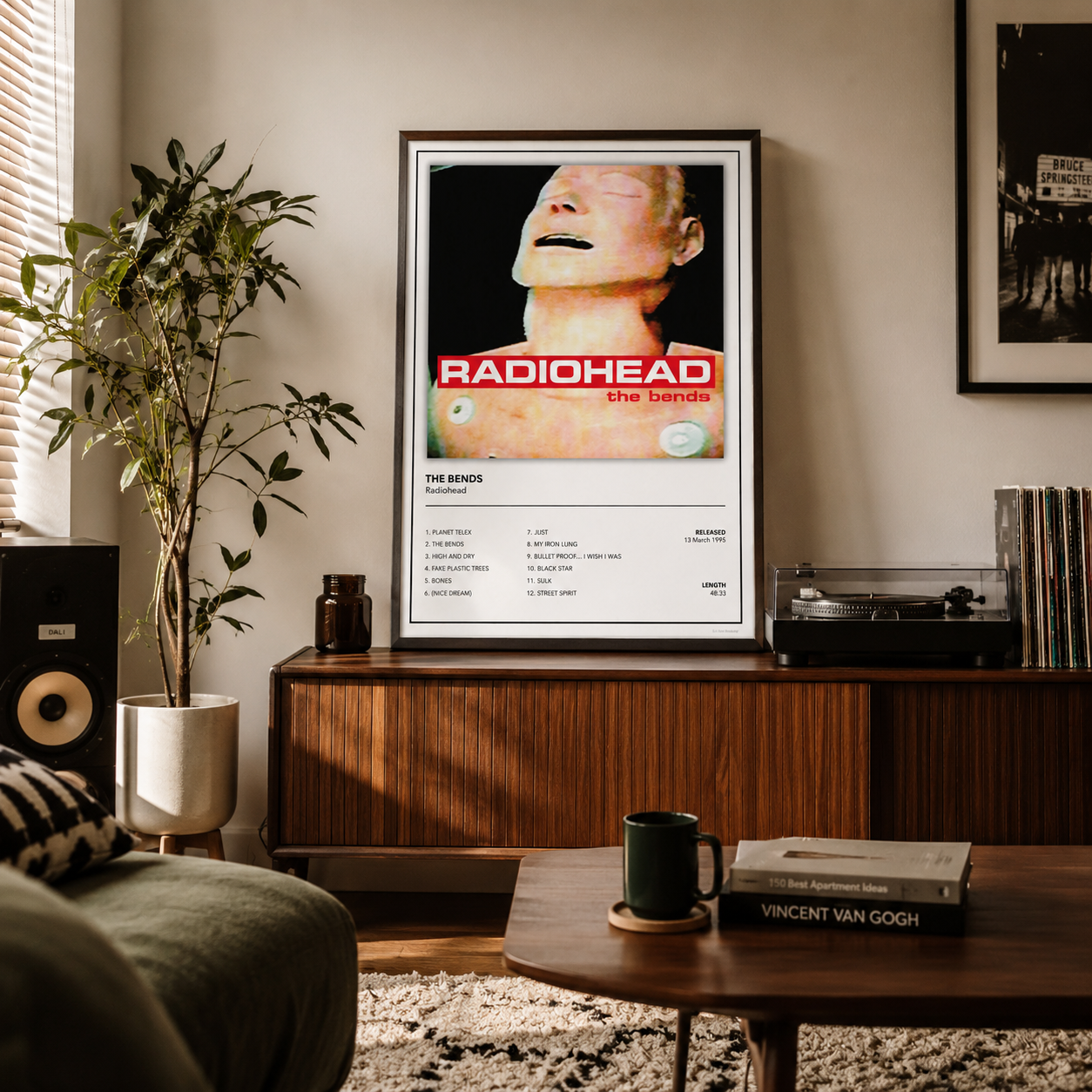 Premium Radiohead The Bends music poster for alternative rock fans, perfect for music rooms, home offices, bedrooms and vinyl-inspired gallery walls.