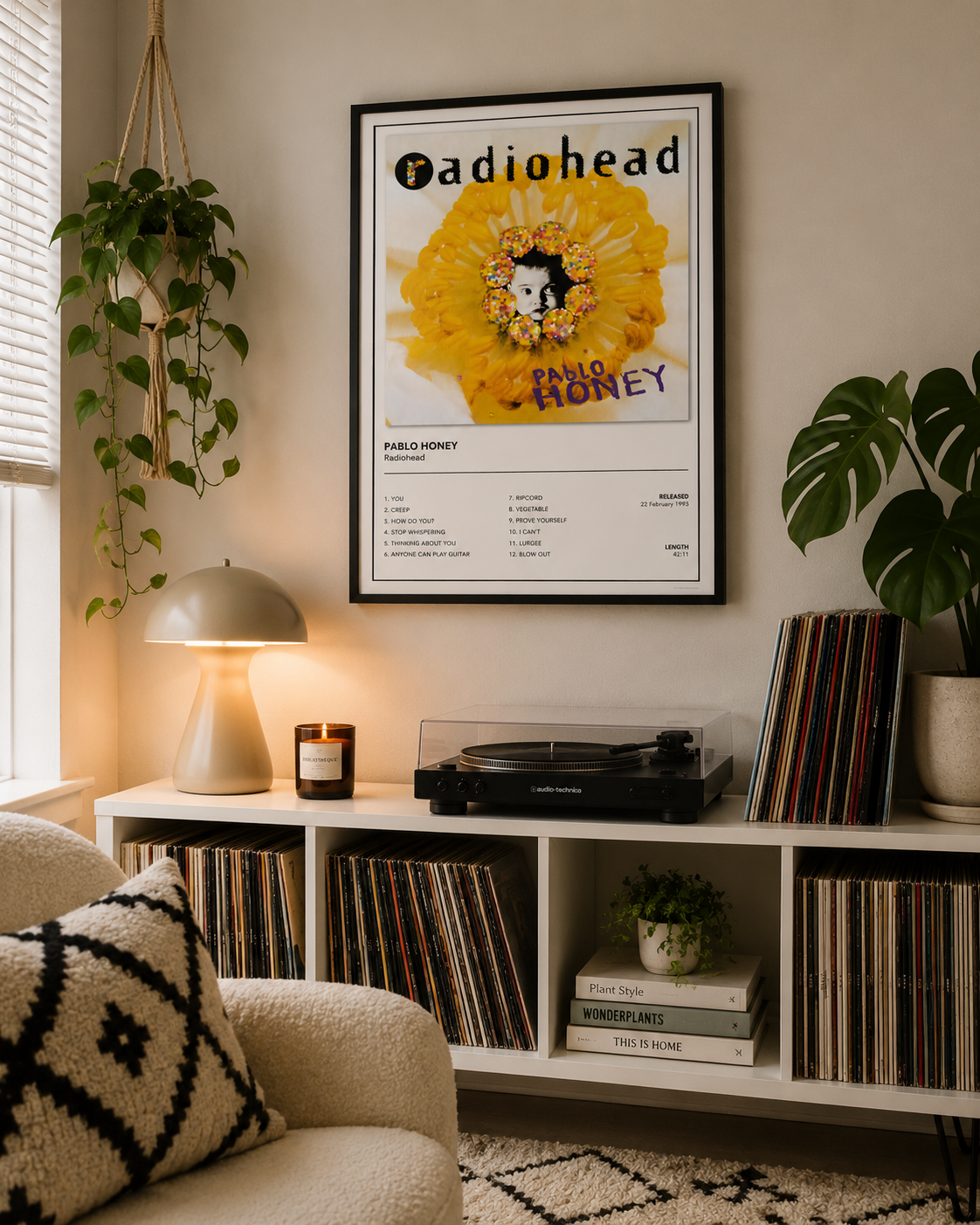 Radiohead Pablo Honey alternative rock album wall art in a black frame with contemporary home décor and vinyl records.