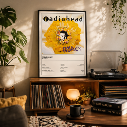 Framed Radiohead Pablo Honey album cover print displayed above a modern record cabinet in a stylish living room.