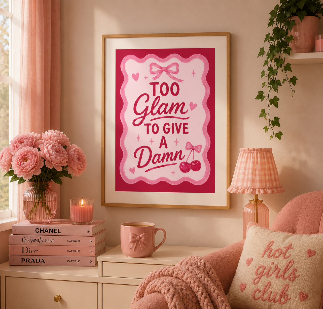 Pink aesthetic typography poster reading Too Glam To Give A Damn with feminine coquette details and cherry artwork.
