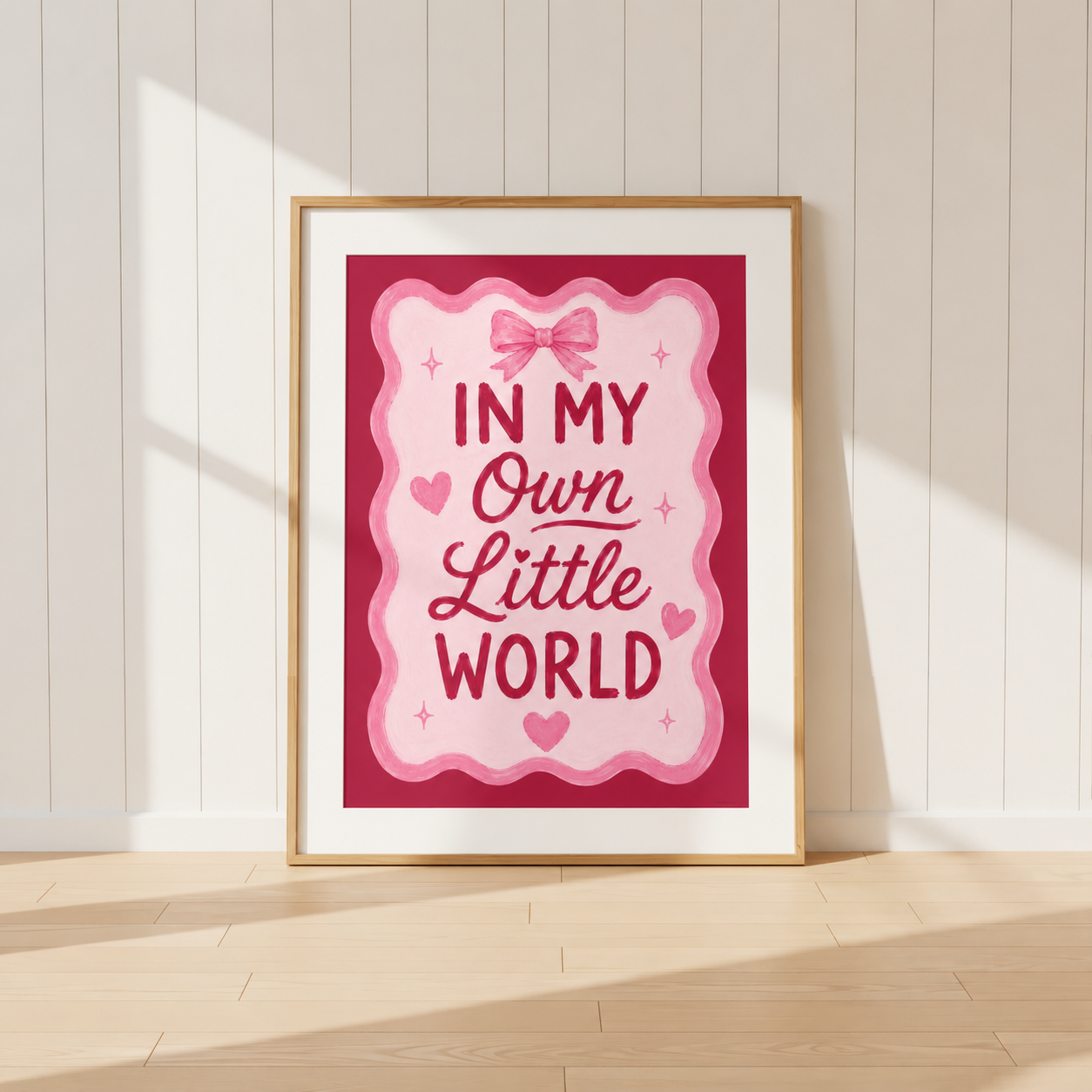 In My Own Little World pink coquette wall art print featuring feminine typography, bow details and heart illustrations.
