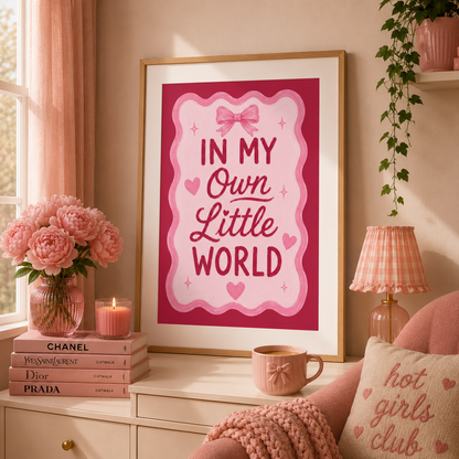 Pink aesthetic quote poster reading In My Own Little World with coquette bow design and playful typography.
