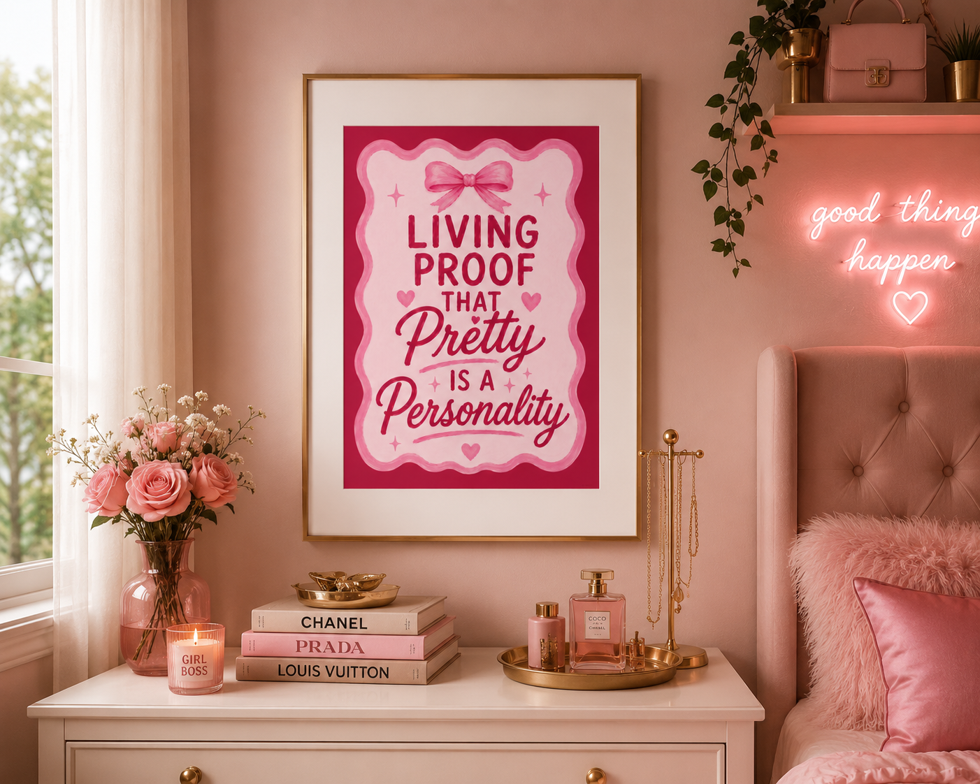 Pink aesthetic typography poster reading Living Proof That Pretty Is A Personality with feminine coquette details.