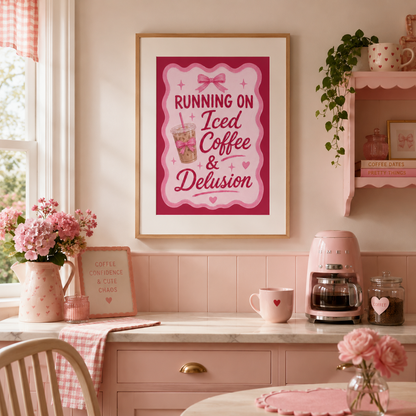 Pink coffee bar wall art reading Running On Iced Coffee And Delusion with feminine coquette design.