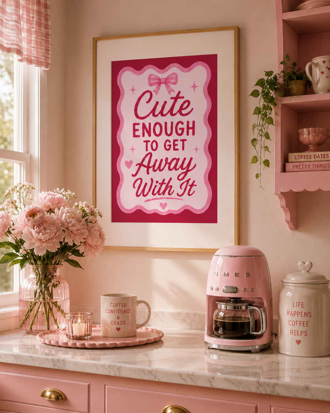 Pink aesthetic quote poster reading Cute Enough To Get Away With It with coquette bow design and playful typography.