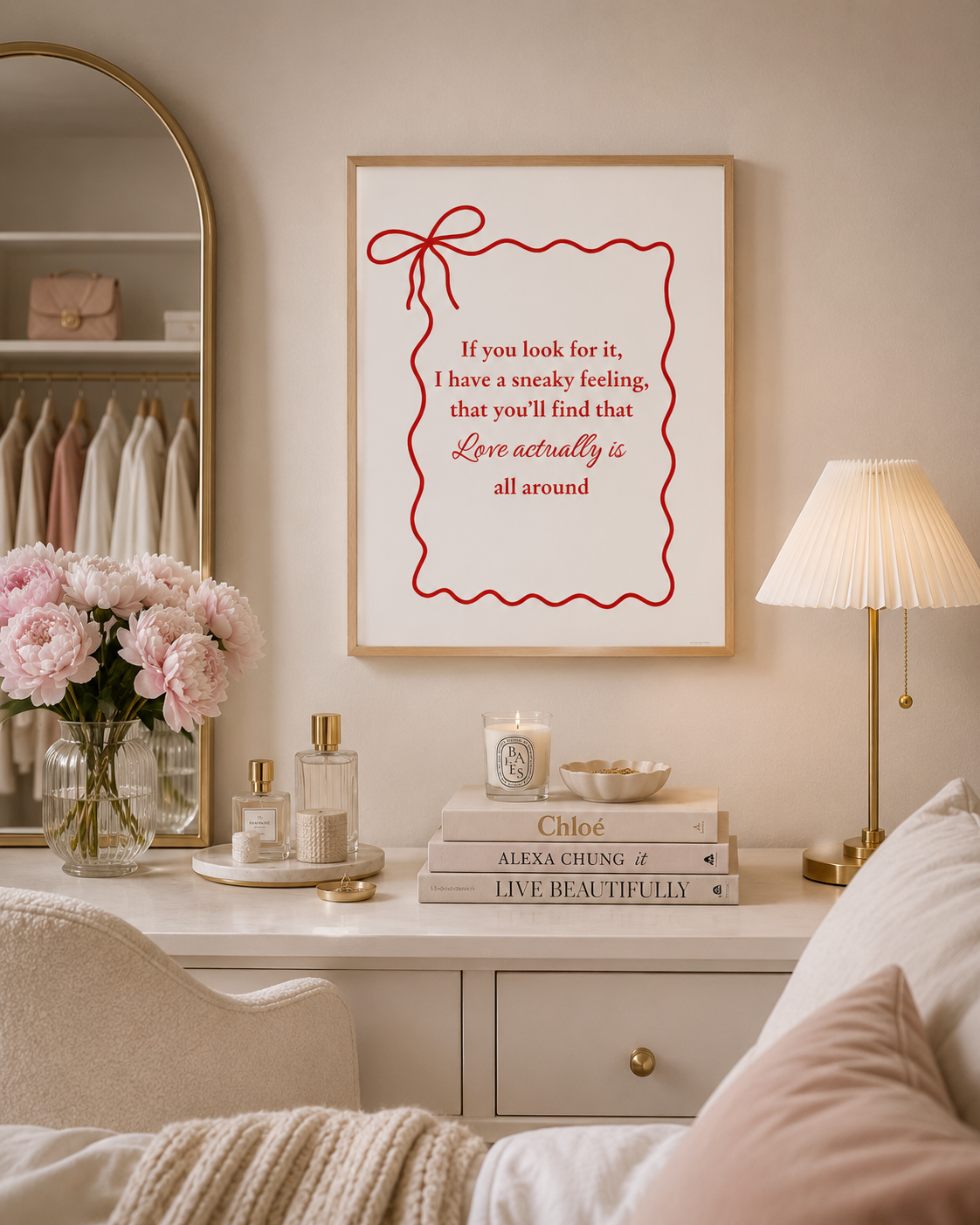 Romantic movie quote poster featuring minimalist red typography and decorative bow artwork.