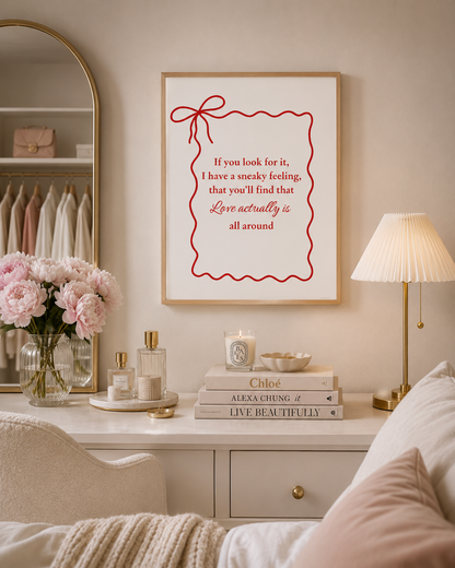 Romantic movie quote poster featuring minimalist red typography and decorative bow artwork.