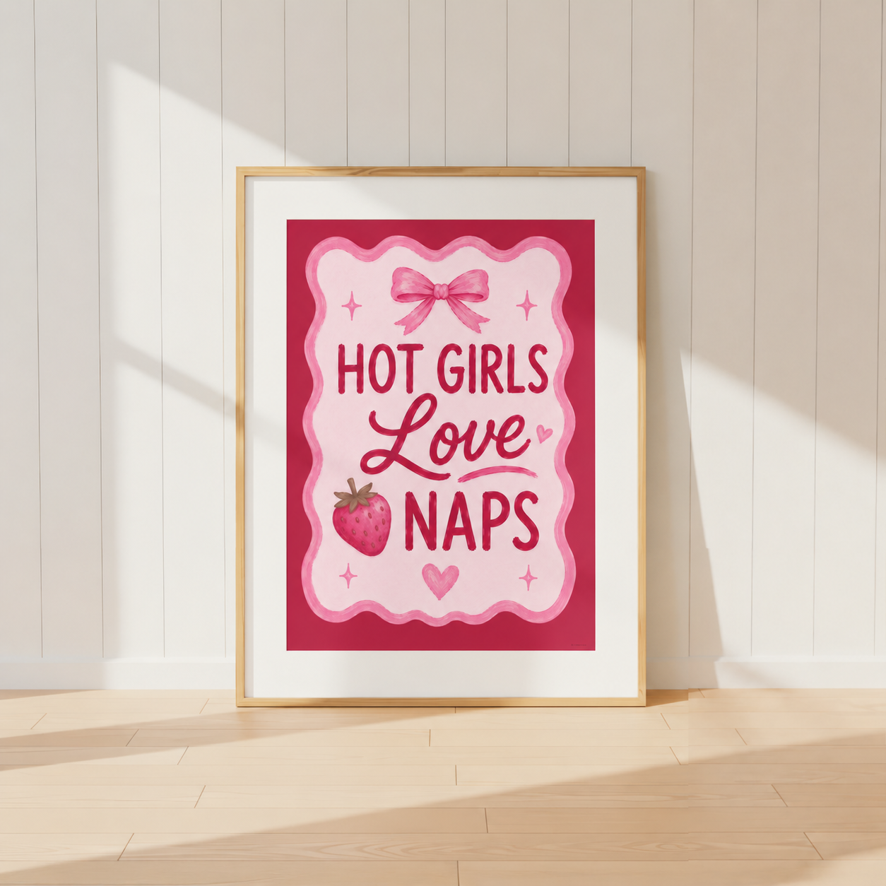 Hot Girls Love Naps pink coquette wall art print featuring strawberry illustration and feminine bow details.