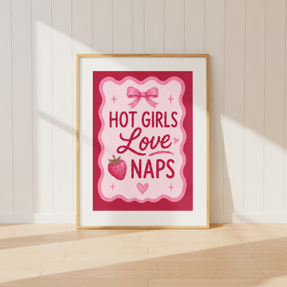 Hot Girls Love Naps pink coquette wall art print featuring strawberry illustration and feminine bow details.