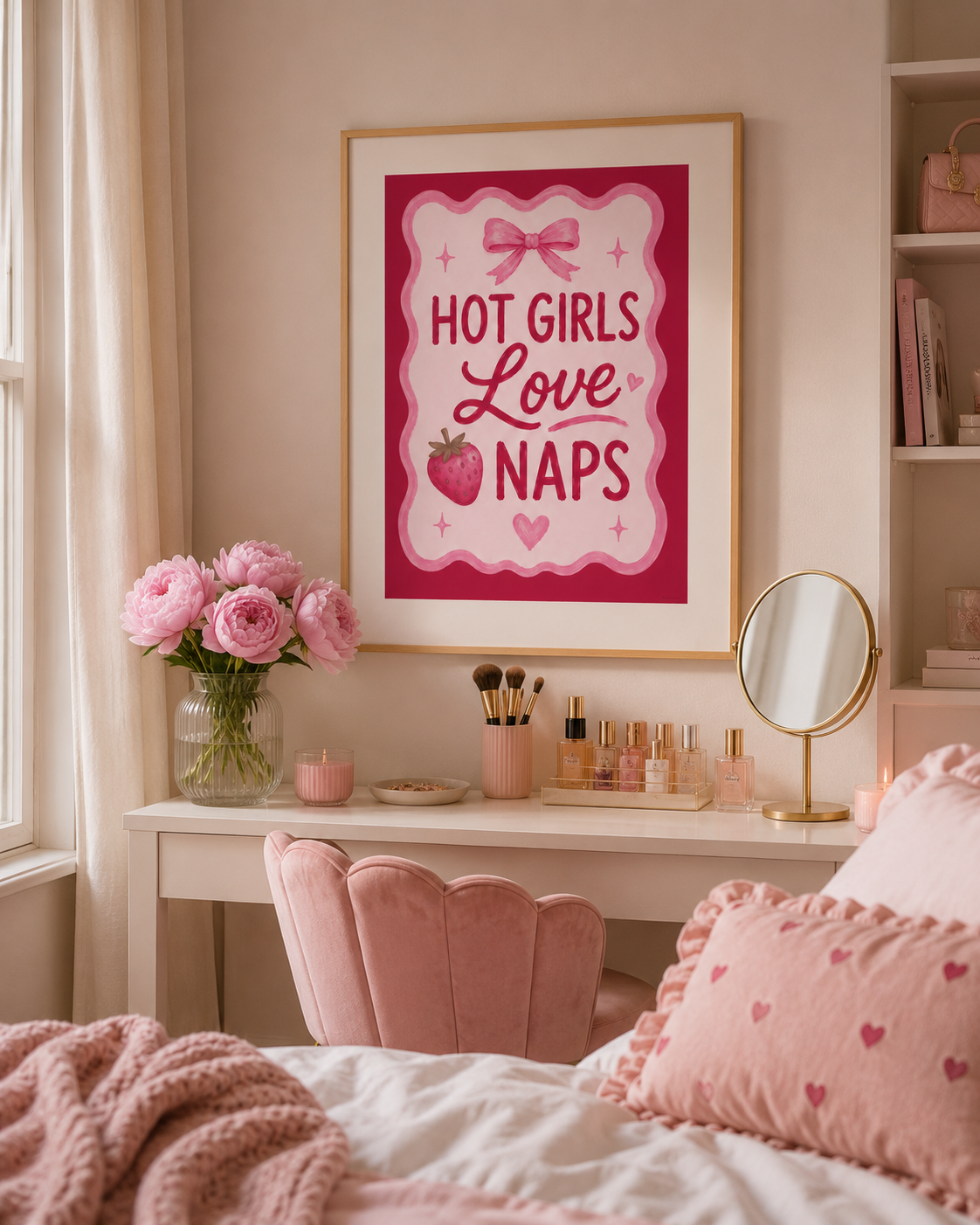 Pink aesthetic quote poster reading Hot Girls Love Naps with coquette bow design and strawberry artwork.