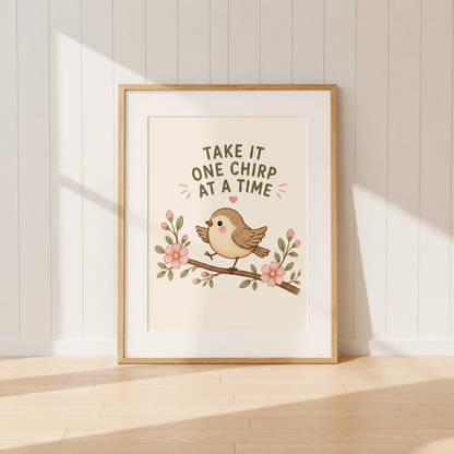 Take It One Chirp At A Time bird print with floral illustration and uplifting quote.