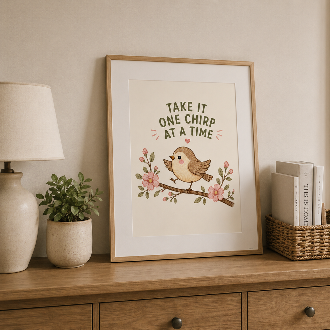 Funny bird wall art featuring a hand-drawn bird perched on a blossom branch.