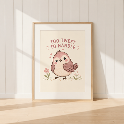 Pink bird wall art featuring the quote Too Tweet To Handle and floral details.