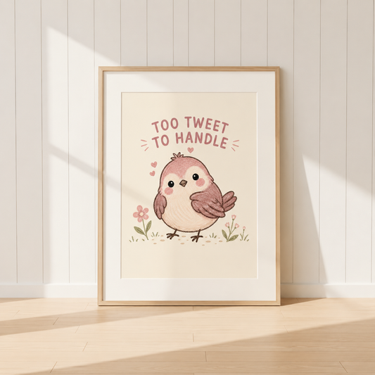 Pink bird wall art featuring the quote Too Tweet To Handle and floral details.
