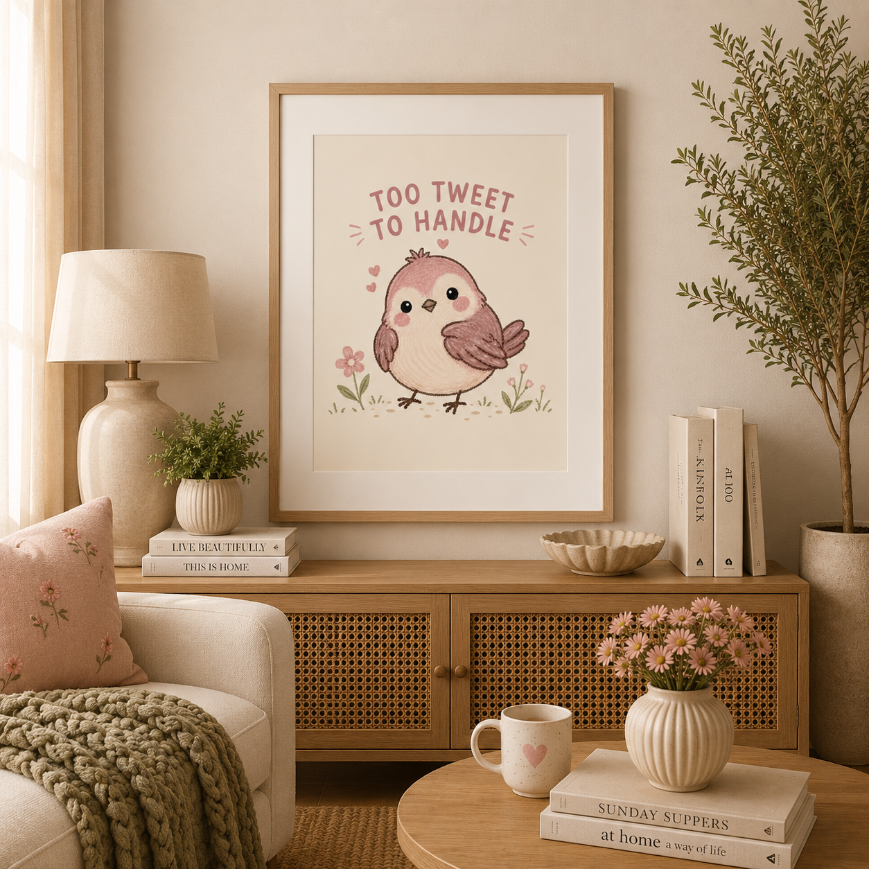 Cute blush pink bird print with humorous typography and whimsical illustration.