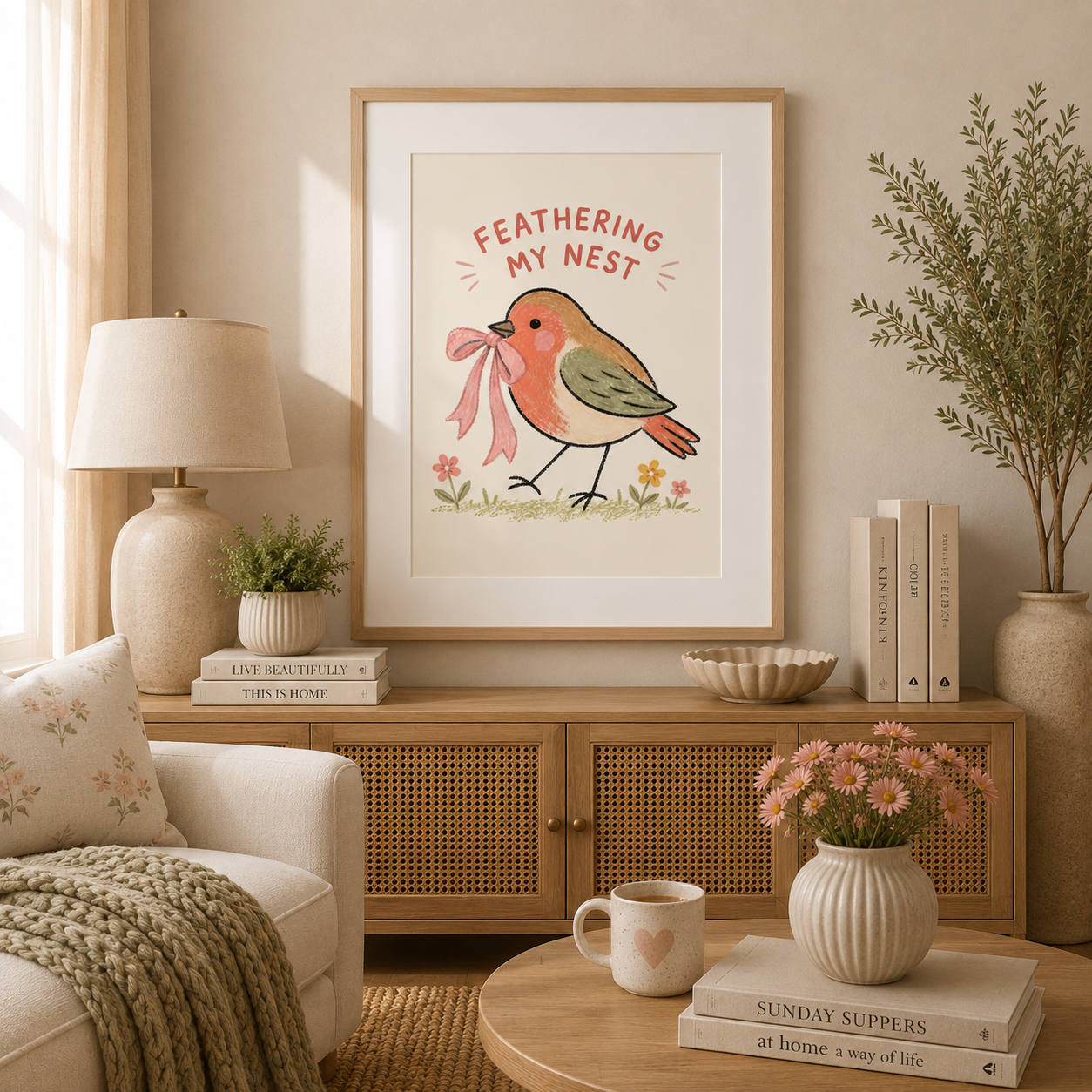 Funny robin wall art with whimsical illustration and house-proud quote.