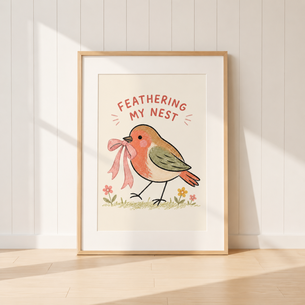 Feathering My Nest robin print featuring a hand-drawn bird carrying a pink bow.