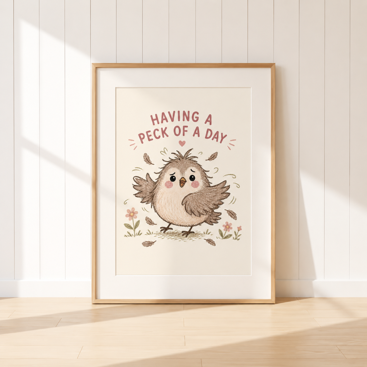 Having A Peck Of A Day bird print featuring a frazzled bird with flying feathers.