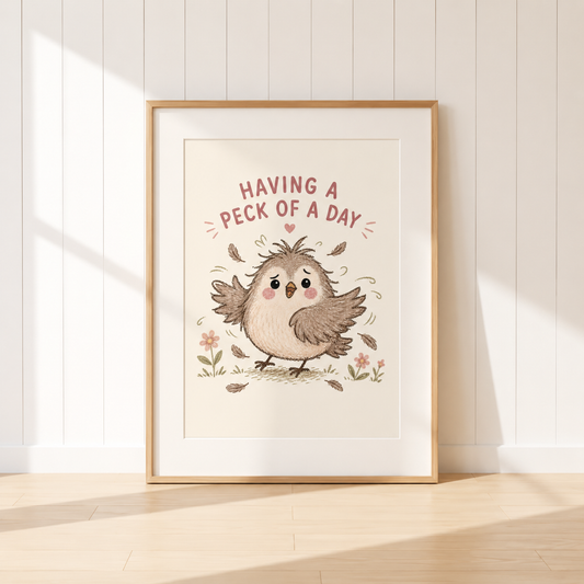 Having A Peck Of A Day bird print featuring a frazzled bird with flying feathers.