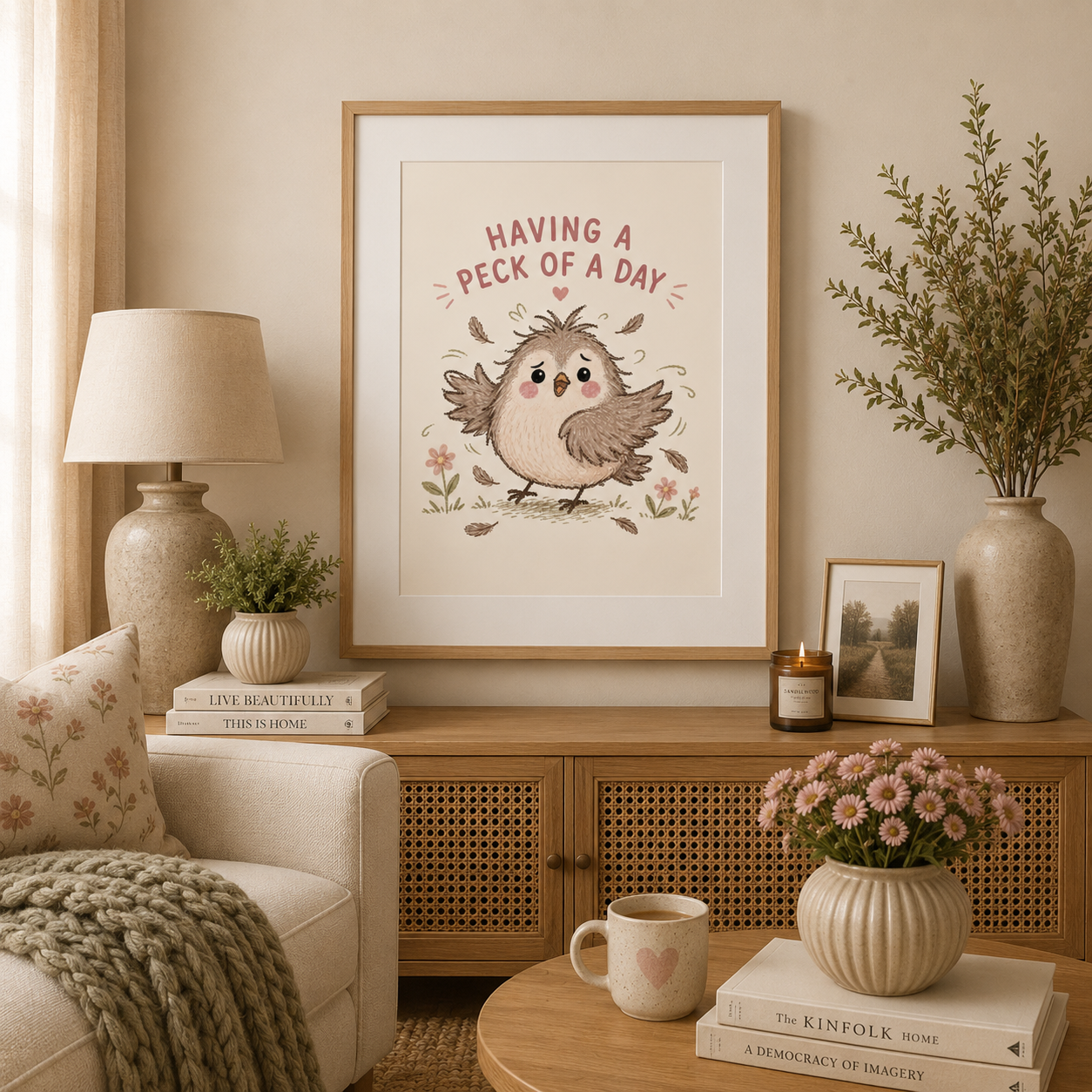 Funny bird wall art with humorous quote and whimsical hand-drawn illustration.
