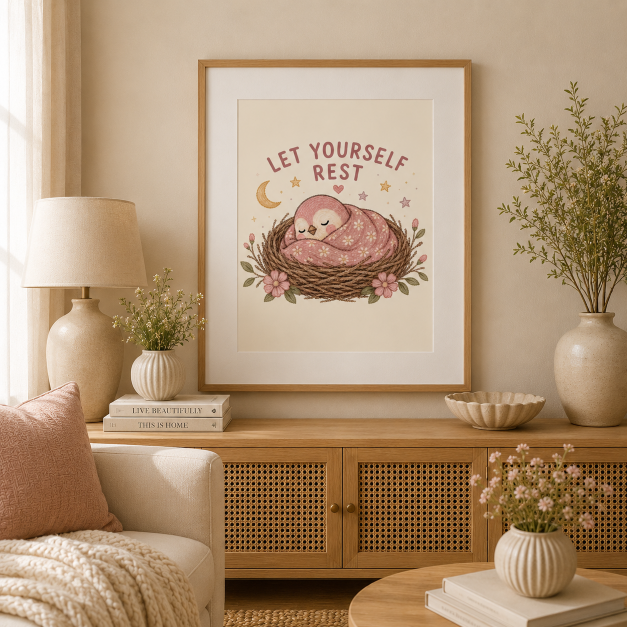 Baby girl nursery wall art with sleeping bird, moon, stars and blush pink colours.