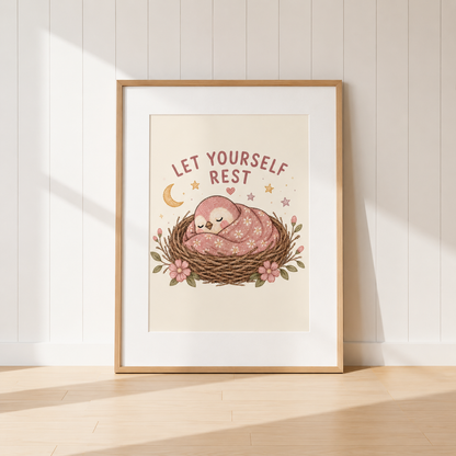 Sleeping bird nursery print featuring the quote Let Yourself Rest and a cosy floral nest.