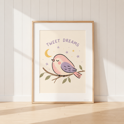 Sleeping bird nursery print featuring the quote Tweet Dreams with moon and stars.