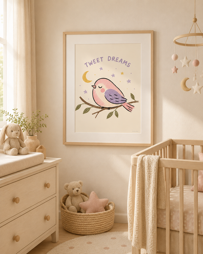 Baby girl nursery wall art with pastel bird illustration and bedtime theme.