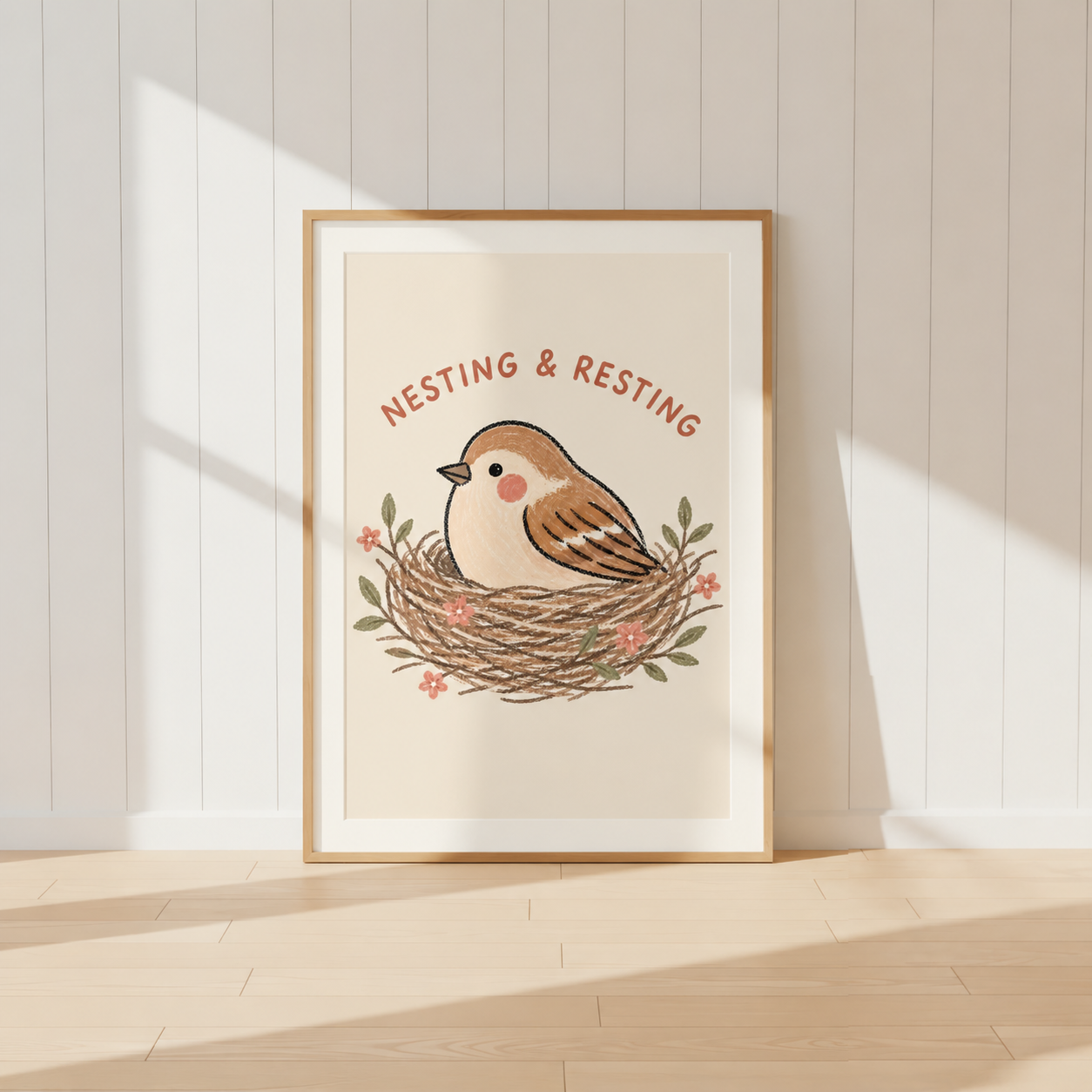 Woodland bird resting in nest illustration framed in light oak frame