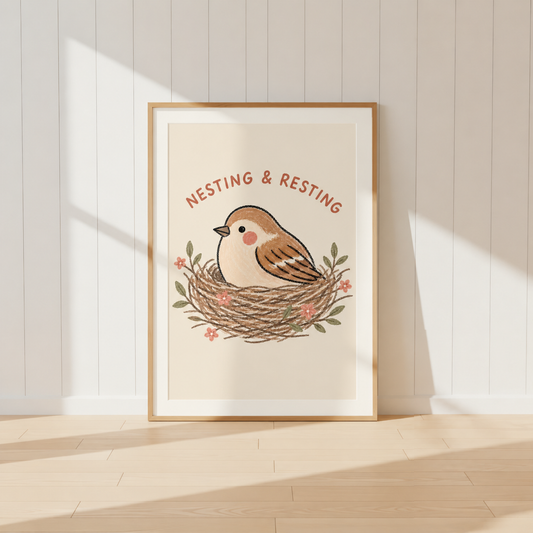 Woodland bird resting in nest illustration framed in light oak frame