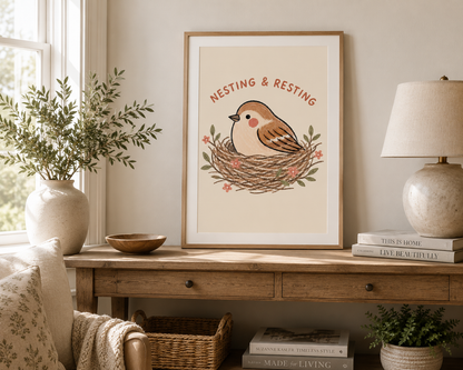 Cottagecore bird wall art featuring floral nest and nature-inspired design