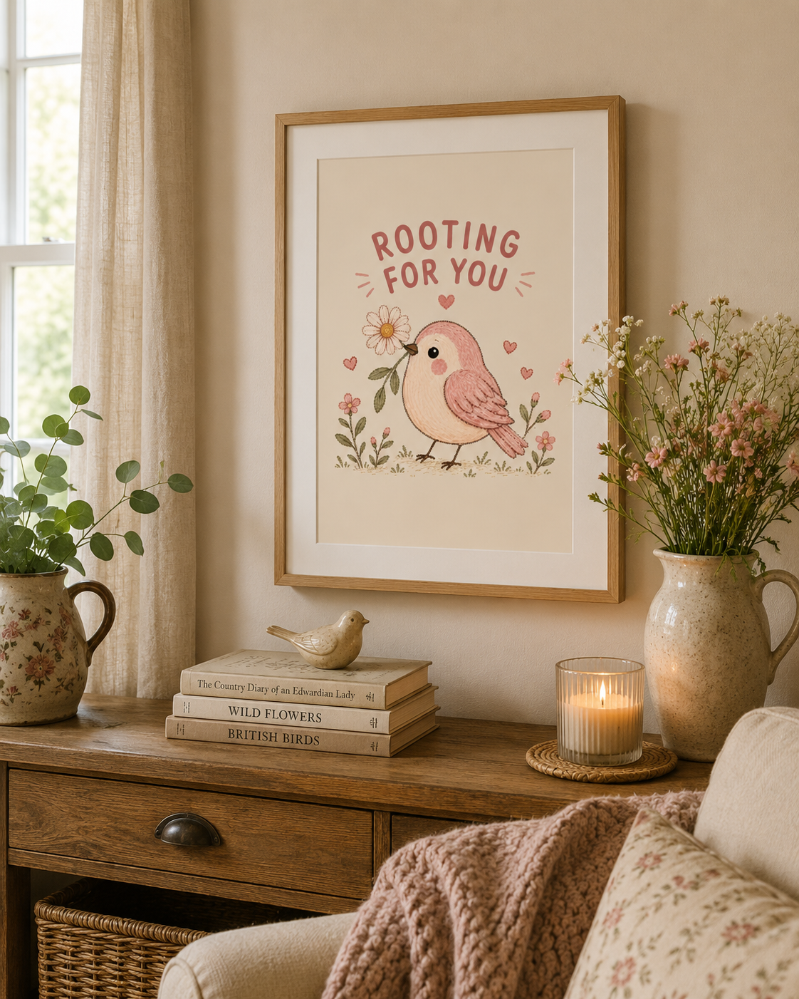 Cottagecore bird wall art featuring pink bird flowers and positive quote