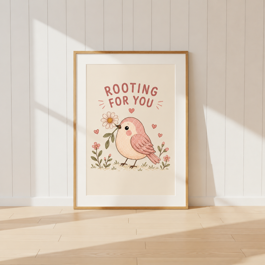 Rooting For You pink bird print with floral illustration in light oak frame
