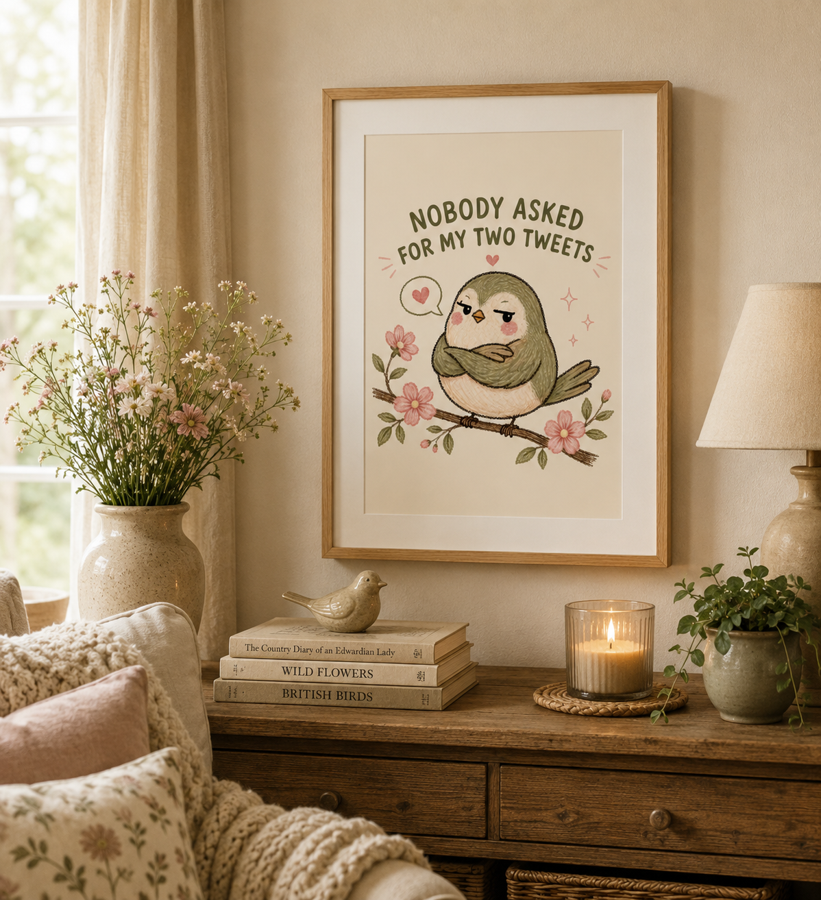 Cottagecore bird print with floral illustration and humorous typography