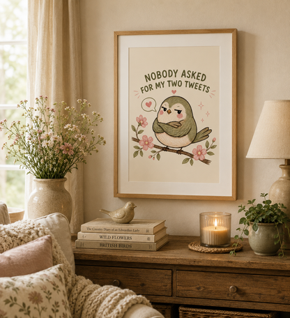Cottagecore bird print with floral illustration and humorous typography