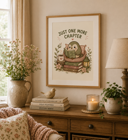 Reading nook print with cosy bird illustration books and cottagecore styling