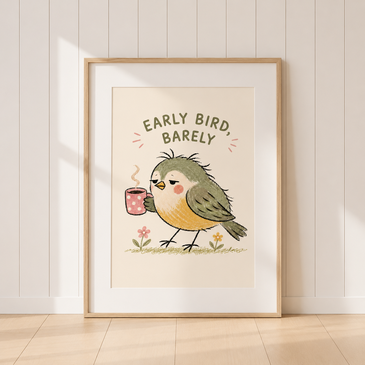 Funny Early Bird Barely bird print featuring sleepy bird holding coffee mug