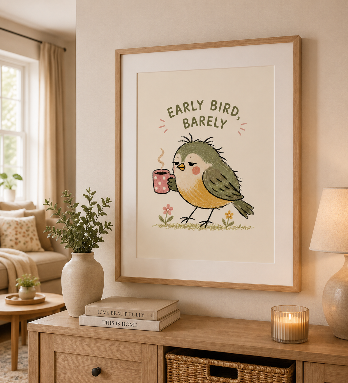 Coffee lover wall art with hand drawn bird illustration and humorous quote